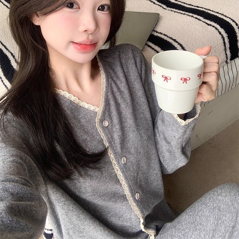 Pidžama set od ovčje vune, cardigan stil, japansko-korejski stil, gustoća 201-250 g/m², okrugli ovratnik, dugi rukavi