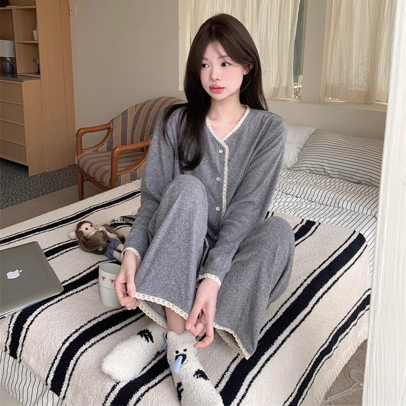 Pidžama set od ovčje vune, cardigan stil, japansko-korejski stil, gustoća 201-250 g/m², okrugli ovratnik, dugi rukavi