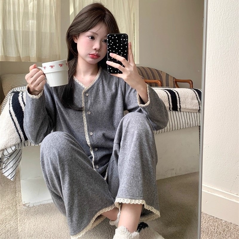 Pidžama set od ovčje vune, cardigan stil, japansko-korejski stil, gustoća 201-250 g/m², okrugli ovratnik, dugi rukavi