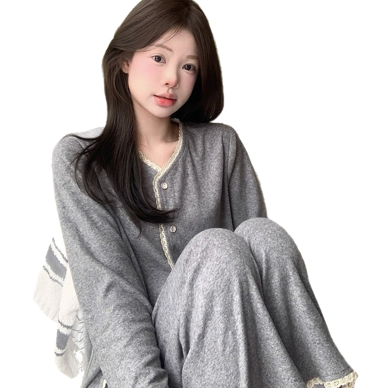 Pidžama set od ovčje vune, cardigan stil, japansko-korejski stil, gustoća 201-250 g/m², okrugli ovratnik, dugi rukavi