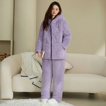 Ženski zimski kućni set – jakna s kapuljom i trostruko prešivena izolacija te hlače, 100% poliester, ekstra debeli materijal
