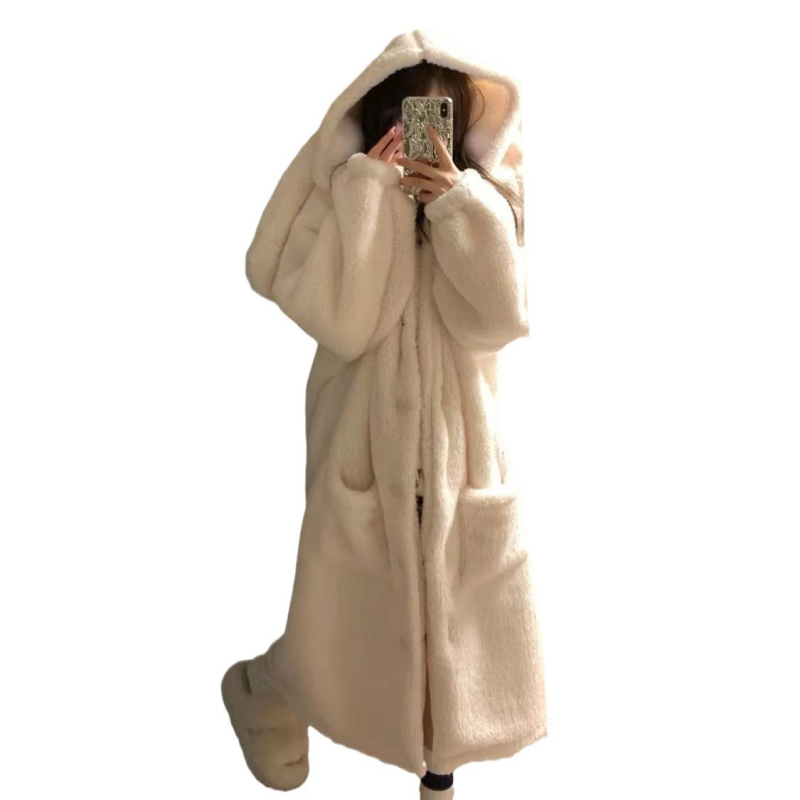Ženske pidžame s kapuljačom i ušima zečića, cardigan stil, koralni flis, 95–100% poliestera, srednja debljina 251–300 g/m², dugi rukavi, za kućnu upotrebu