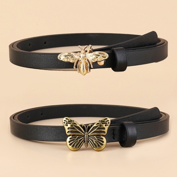Pillangó-Méhecske snap zárású öv — PU bőr, ötvözet csattal, rögzítés pin-nel, vékony szélesség <2 cm, elegáns női viselet