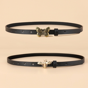 Pillangó-Méhecske snap zárású öv — PU bőr, ötvözet csattal, rögzítés pin-nel, vékony szélesség <2 cm, elegáns női viselet