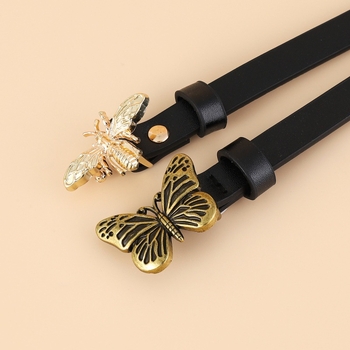 Pillangó-Méhecske snap zárású öv — PU bőr, ötvözet csattal, rögzítés pin-nel, vékony szélesség <2 cm, elegáns női viselet