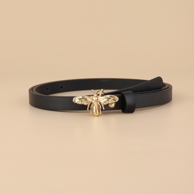 Pillangó-Méhecske snap zárású öv — PU bőr, ötvözet csattal, rögzítés pin-nel, vékony szélesség <2 cm, elegáns női viselet