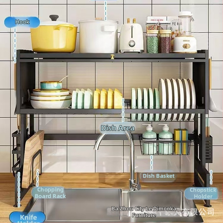 Kuhinjski stalak za sudoperu — Višenamjenski, karbonska čelična konstrukcija, zidni, za zdjele i tanjure, severski stil