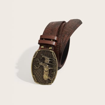 Centură de denim în stil vest‑western, cu motiv de cerb gravat, material PU, cataramă din aliaj cu placă, finisaj reliefat