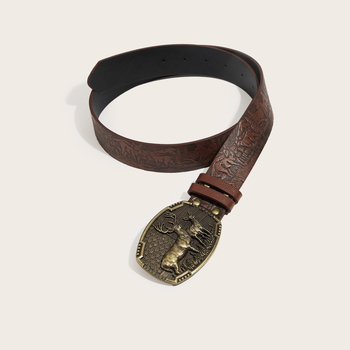 Centură de denim în stil vest‑western, cu motiv de cerb gravat, material PU, cataramă din aliaj cu placă, finisaj reliefat