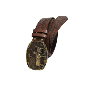 Centură de denim în stil vest‑western, cu motiv de cerb gravat, material PU, cataramă din aliaj cu placă, finisaj reliefat