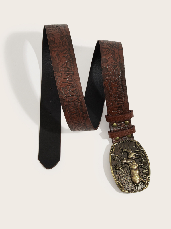 Centură de denim în stil vest‑western, cu motiv de cerb gravat, material PU, cataramă din aliaj cu placă, finisaj reliefat