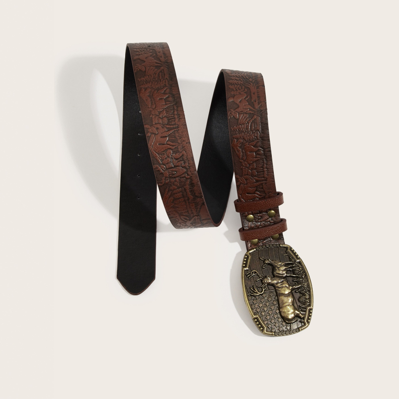 Centură de denim în stil vest‑western, cu motiv de cerb gravat, material PU, cataramă din aliaj cu placă, finisaj reliefat