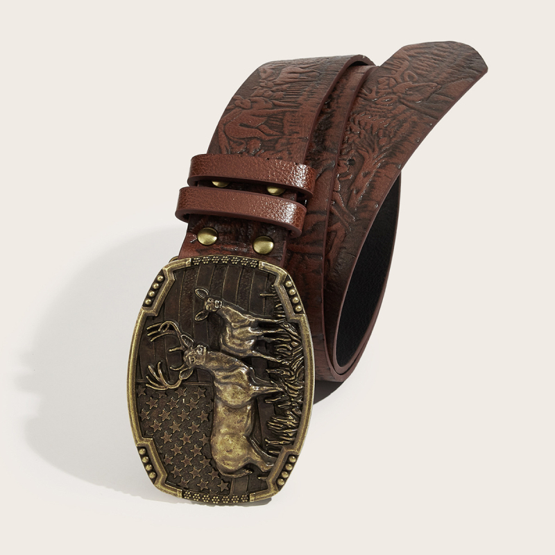 Centură de denim în stil vest‑western, cu motiv de cerb gravat, material PU, cataramă din aliaj cu placă, finisaj reliefat