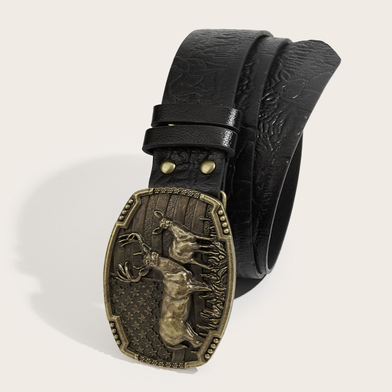 Centură de denim în stil vest‑western, cu motiv de cerb gravat, material PU, cataramă din aliaj cu placă, finisaj reliefat