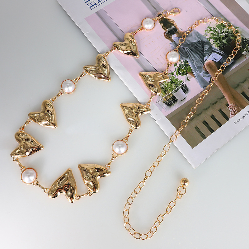 Metalni kaiš za struk s metalnim resicama, detalj srca i prsten s imitacijom bisera – unisex, za odrasle, ljeto 2025