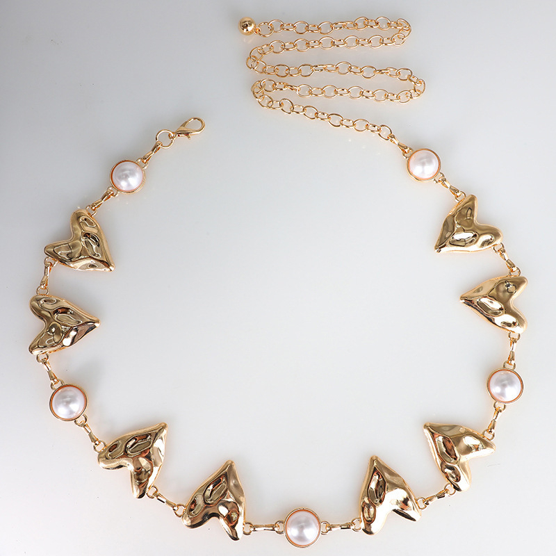 Metalni kaiš za struk s metalnim resicama, detalj srca i prsten s imitacijom bisera – unisex, za odrasle, ljeto 2025