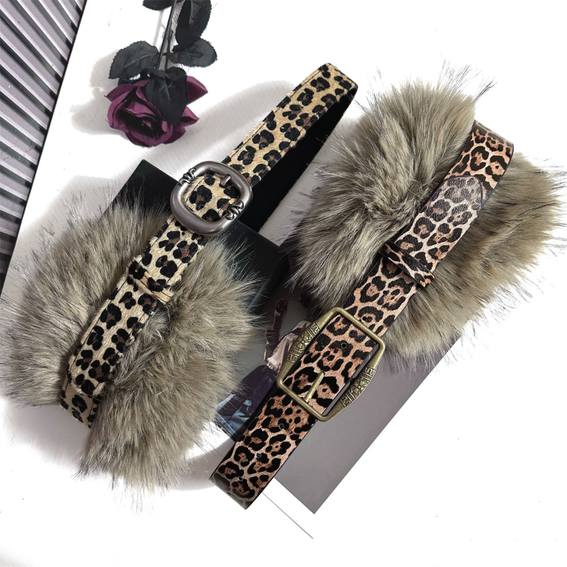 Ženski plišani kaiš s leopard uzorkom, PU materijal, metalna kopča s iglom, široki dizajn, ulični stil, zimski model 2025