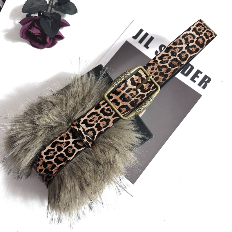 Ženski plišani kaiš s leopard uzorkom, PU materijal, metalna kopča s iglom, široki dizajn, ulični stil, zimski model 2025