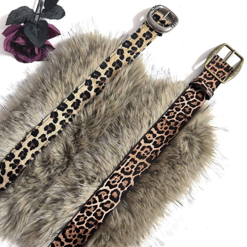 Ženski plišani kaiš s leopard uzorkom, PU materijal, metalna kopča s iglom, široki dizajn, ulični stil, zimski model 2025