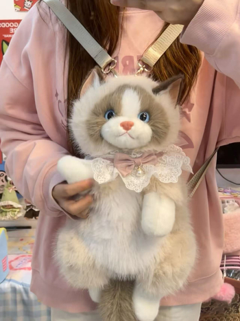 Hátizsák plüss macskával csipkés masnival, Cartoon stílus, poliészter anyag, cipzár, poliészter bélés, téli 2025 kiadás