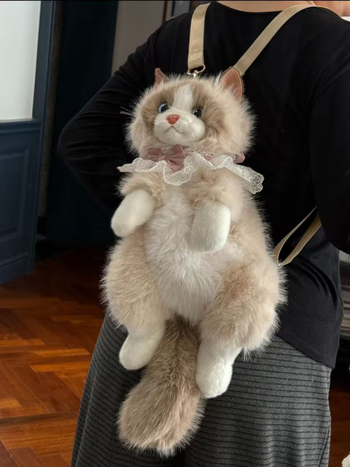 Hátizsák plüss macskával csipkés masnival, Cartoon stílus, poliészter anyag, cipzár, poliészter bélés, téli 2025 kiadás