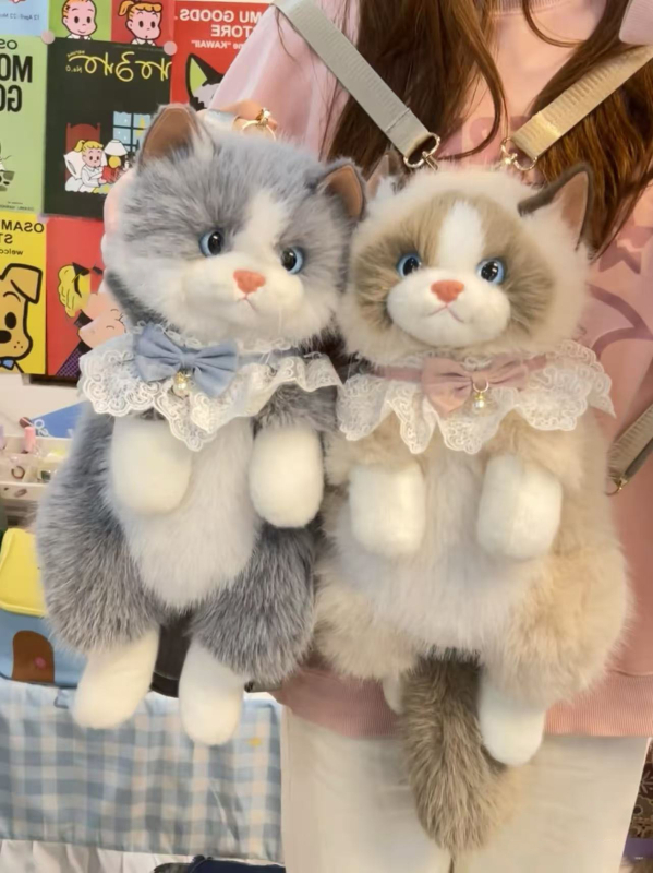 Hátizsák plüss macskával csipkés masnival, Cartoon stílus, poliészter anyag, cipzár, poliészter bélés, téli 2025 kiadás