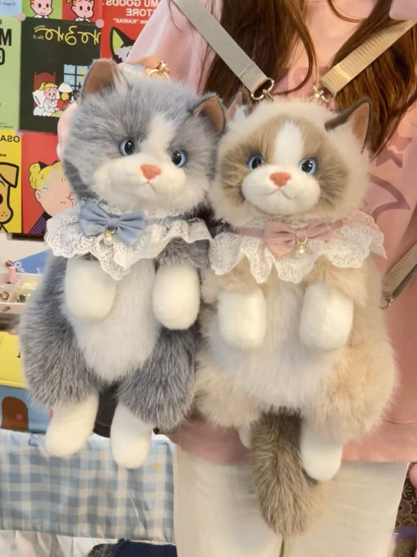 Hátizsák plüss macskával csipkés masnival, Cartoon stílus, poliészter anyag, cipzár, poliészter bélés, téli 2025 kiadás