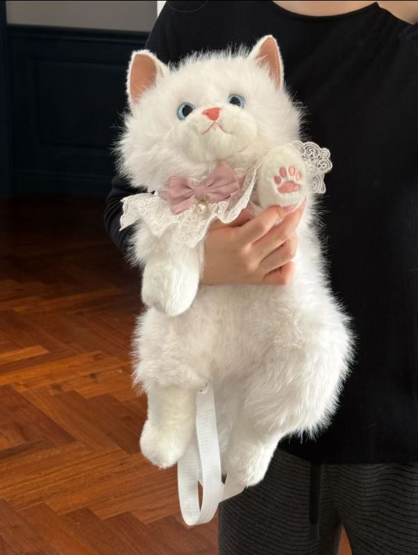 Hátizsák plüss macskával csipkés masnival, Cartoon stílus, poliészter anyag, cipzár, poliészter bélés, téli 2025 kiadás