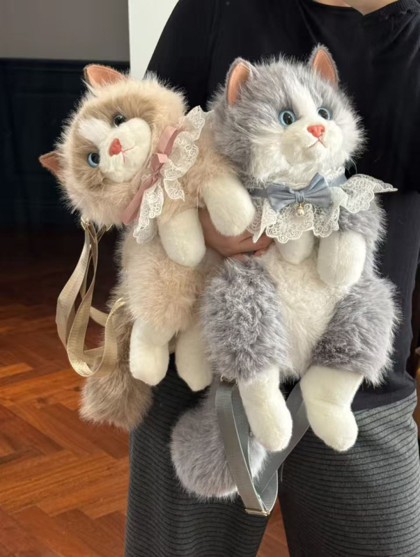 Hátizsák plüss macskával csipkés masnival, Cartoon stílus, poliészter anyag, cipzár, poliészter bélés, téli 2025 kiadás