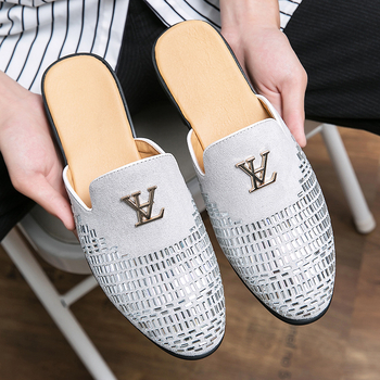 Muške loafers s rhinestones, bez stražnjeg dijela, mat koža gornji dio, gumena potplata, ljetna ležerna obuća