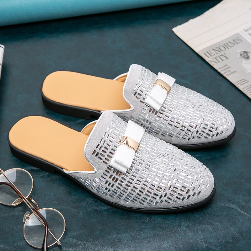 Muške loafers s rhinestones, bez stražnjeg dijela, mat koža gornji dio, gumena potplata, ljetna ležerna obuća