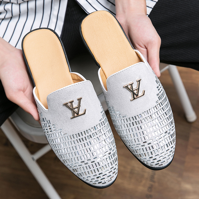 Muške loafers s rhinestones, bez stražnjeg dijela, mat koža gornji dio, gumena potplata, ljetna ležerna obuća