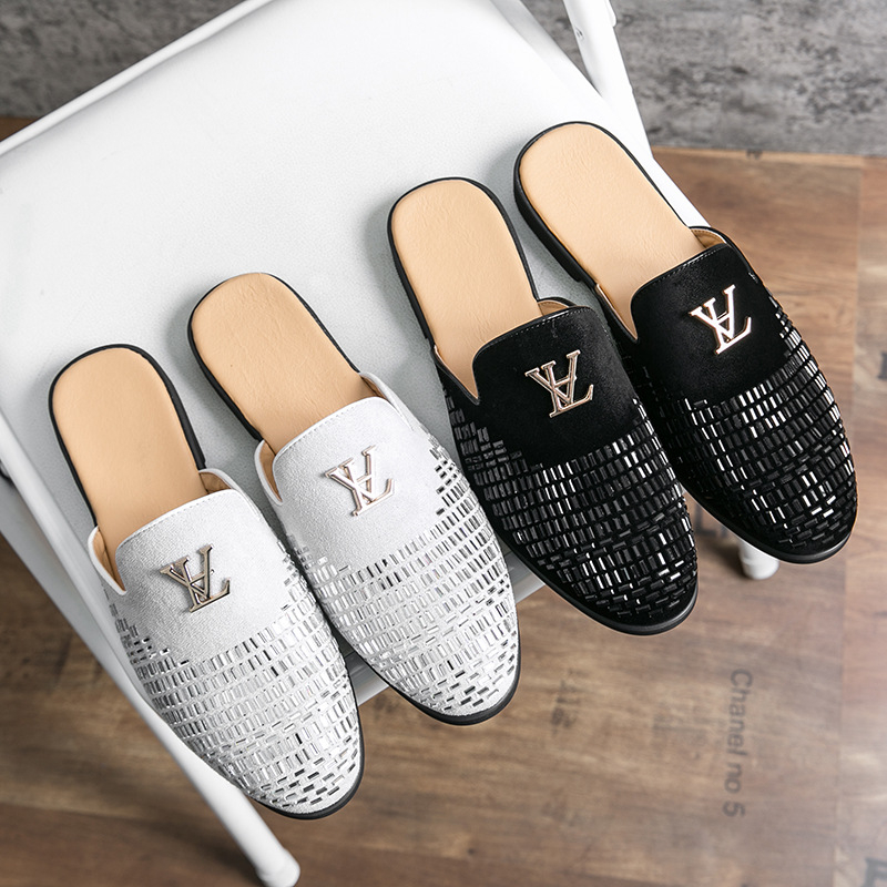 Muške loafers s rhinestones, bez stražnjeg dijela, mat koža gornji dio, gumena potplata, ljetna ležerna obuća