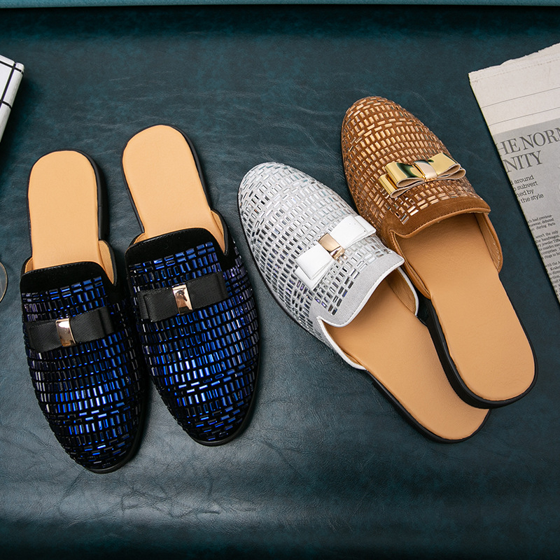 Muške loafers s rhinestones, bez stražnjeg dijela, mat koža gornji dio, gumena potplata, ljetna ležerna obuća