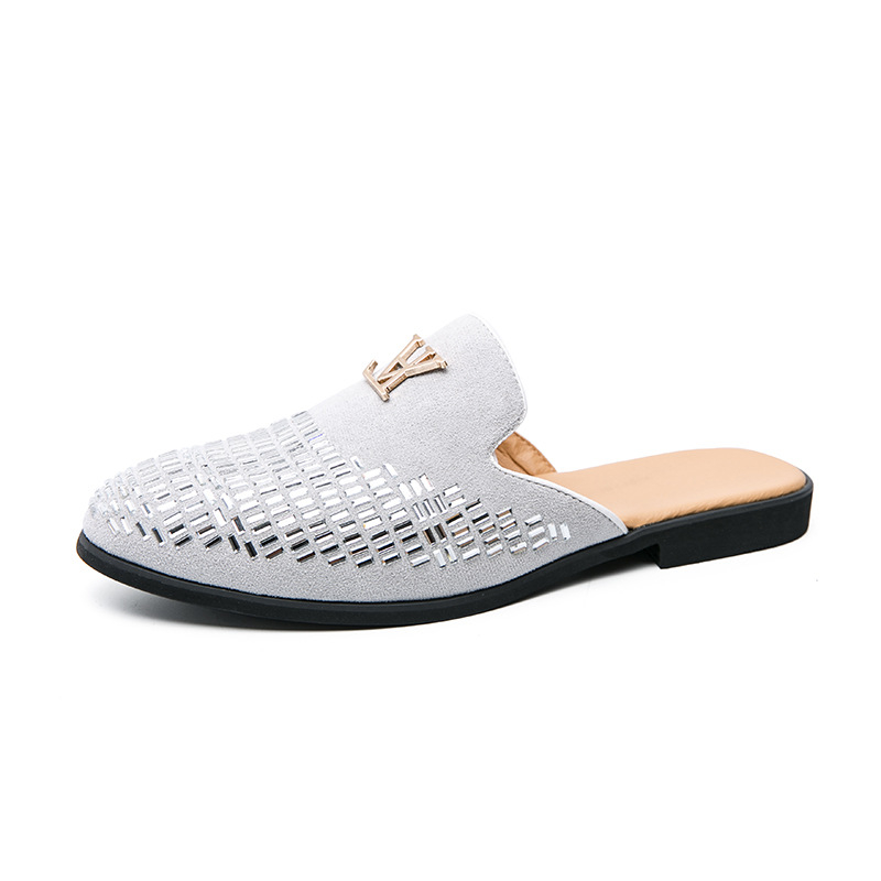 Muške loafers s rhinestones, bez stražnjeg dijela, mat koža gornji dio, gumena potplata, ljetna ležerna obuća