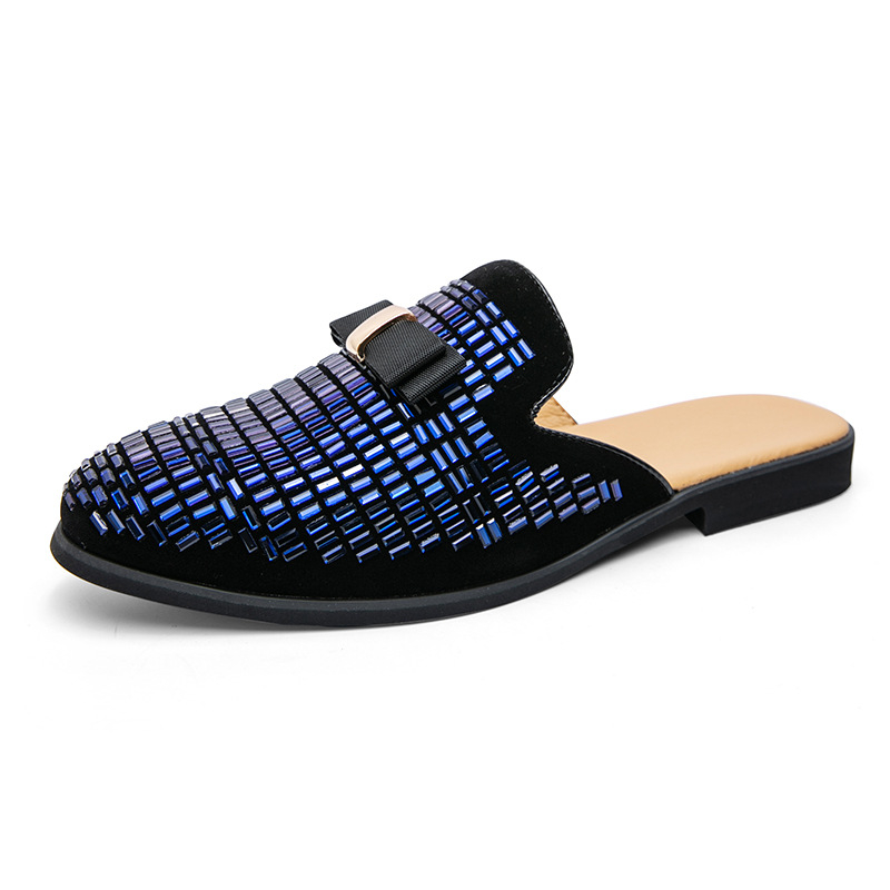 Muške loafers s rhinestones, bez stražnjeg dijela, mat koža gornji dio, gumena potplata, ljetna ležerna obuća