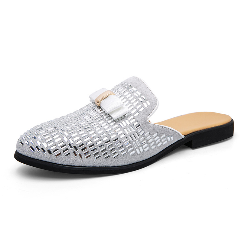 Muške loafers s rhinestones, bez stražnjeg dijela, mat koža gornji dio, gumena potplata, ljetna ležerna obuća