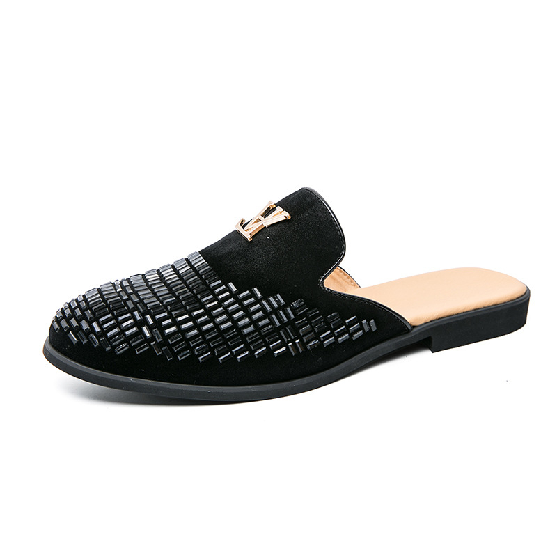 Muške loafers s rhinestones, bez stražnjeg dijela, mat koža gornji dio, gumena potplata, ljetna ležerna obuća
