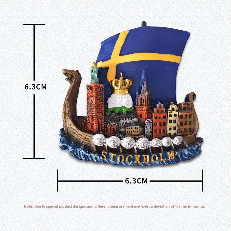 Magnet za hladnjak od smole – švedske znamenitosti, moderni minimalistički stil, standardno pakiranje; idealan poklon za vjenčanja, rođendane, putovanja, diplome i preseljenje