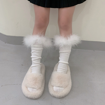 Детски миди чорапи с пера и дантела в пухкаво плетено покритие, едноцветни, 92% памук, за деца на възраст 3–8 години