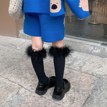 Детски миди чорапи с пера и дантела в пухкаво плетено покритие, едноцветни, 92% памук, за деца на възраст 3–8 години