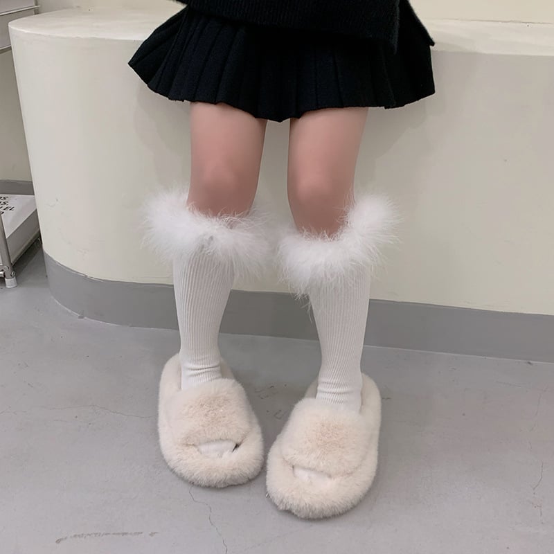 Детски миди чорапи с пера и дантела в пухкаво плетено покритие, едноцветни, 92% памук, за деца на възраст 3–8 години