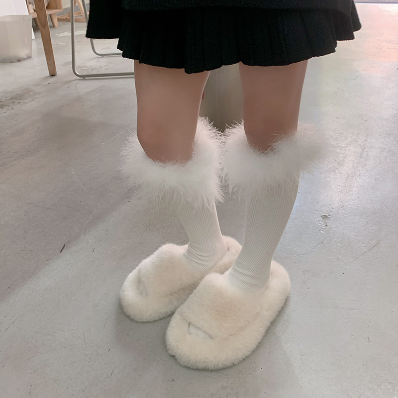 Детски миди чорапи с пера и дантела в пухкаво плетено покритие, едноцветни, 92% памук, за деца на възраст 3–8 години