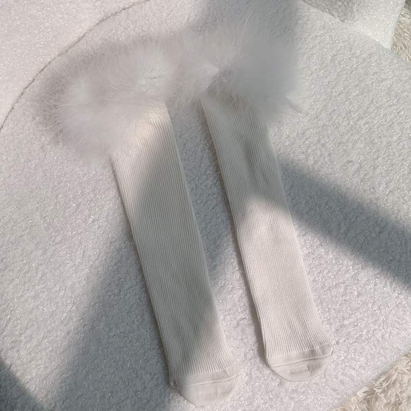 Детски миди чорапи с пера и дантела в пухкаво плетено покритие, едноцветни, 92% памук, за деца на възраст 3–8 години