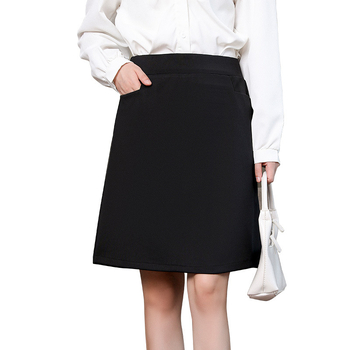 Черна пола А‑линия, средна дължина, едноцветна, полиестер-найлон-спандекс смес, обработка без гладене