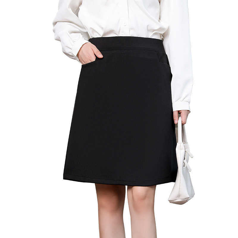 Черна пола А‑линия, средна дължина, едноцветна, полиестер-найлон-спандекс смес, обработка без гладене