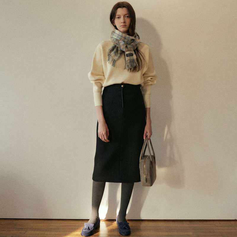 Suknja za bokove, A-linija, midi duljina, vuneni materijal s najmanje 95% poliestera, japansko-korejski casual stil, jesen 2024