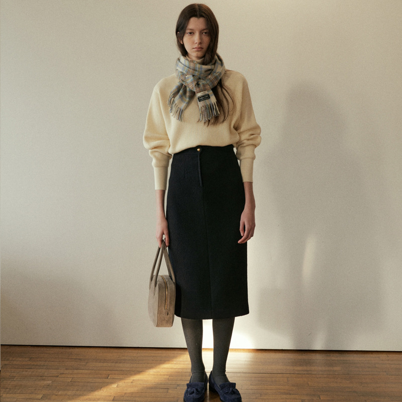 Suknja za bokove, A-linija, midi duljina, vuneni materijal s najmanje 95% poliestera, japansko-korejski casual stil, jesen 2024
