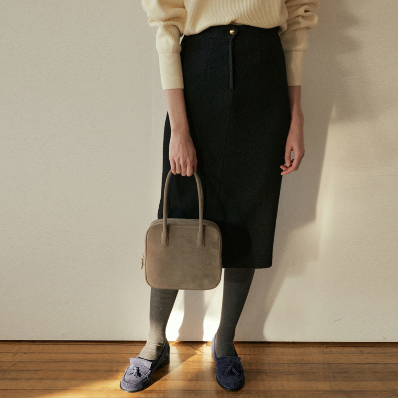 Suknja za bokove, A-linija, midi duljina, vuneni materijal s najmanje 95% poliestera, japansko-korejski casual stil, jesen 2024