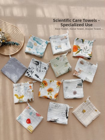 Négy réteg géz bébi négyzet alakú törölköző – 70% bambuszrost, 30% gyapot; nedvszívó.